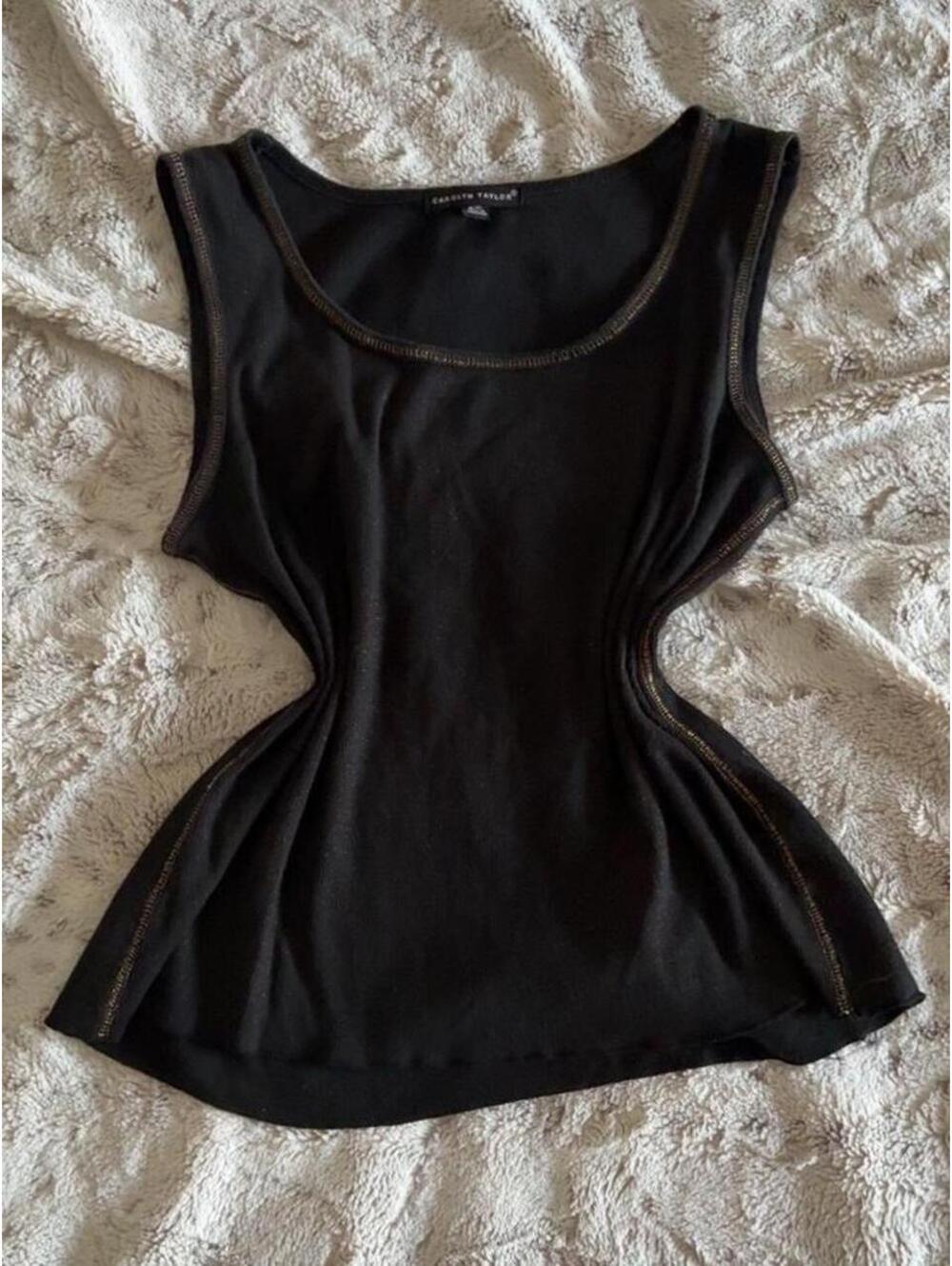 black carolyn taylor ribbed tank top with gold stitching  and glitter details